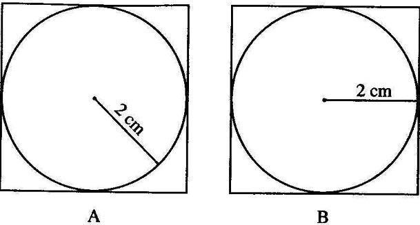 Original figure: a circle in a square; the radius points diagonally in A and horizontally in B, both labeled 2 cm