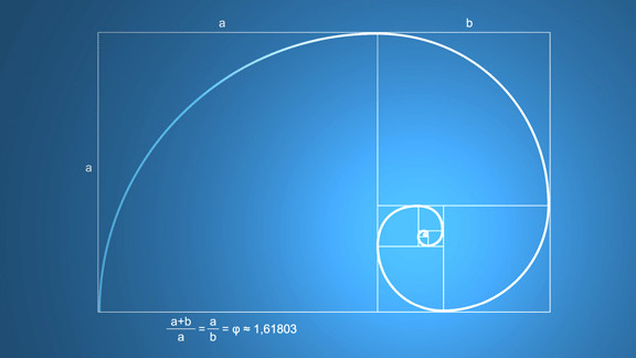 golden-ratio: on a blue background, a golden rectangle divided into smaller and smaller squares, with a golden spiral curling inwards through them; the long side is split into segments a and b, and below it is written (a+b)/a = a/b = φ ≈ 1,61803