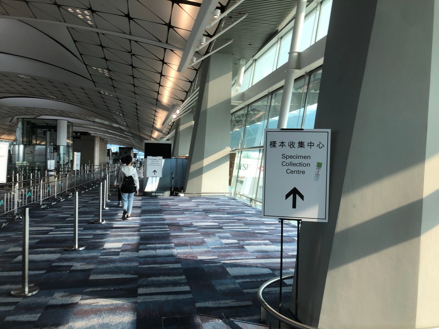 A long carpeted corridor in an airport, with queue barriers down one side and a sign reading "樣本收集中心 Specimen Collection Centre" with an arrow pointing ahead