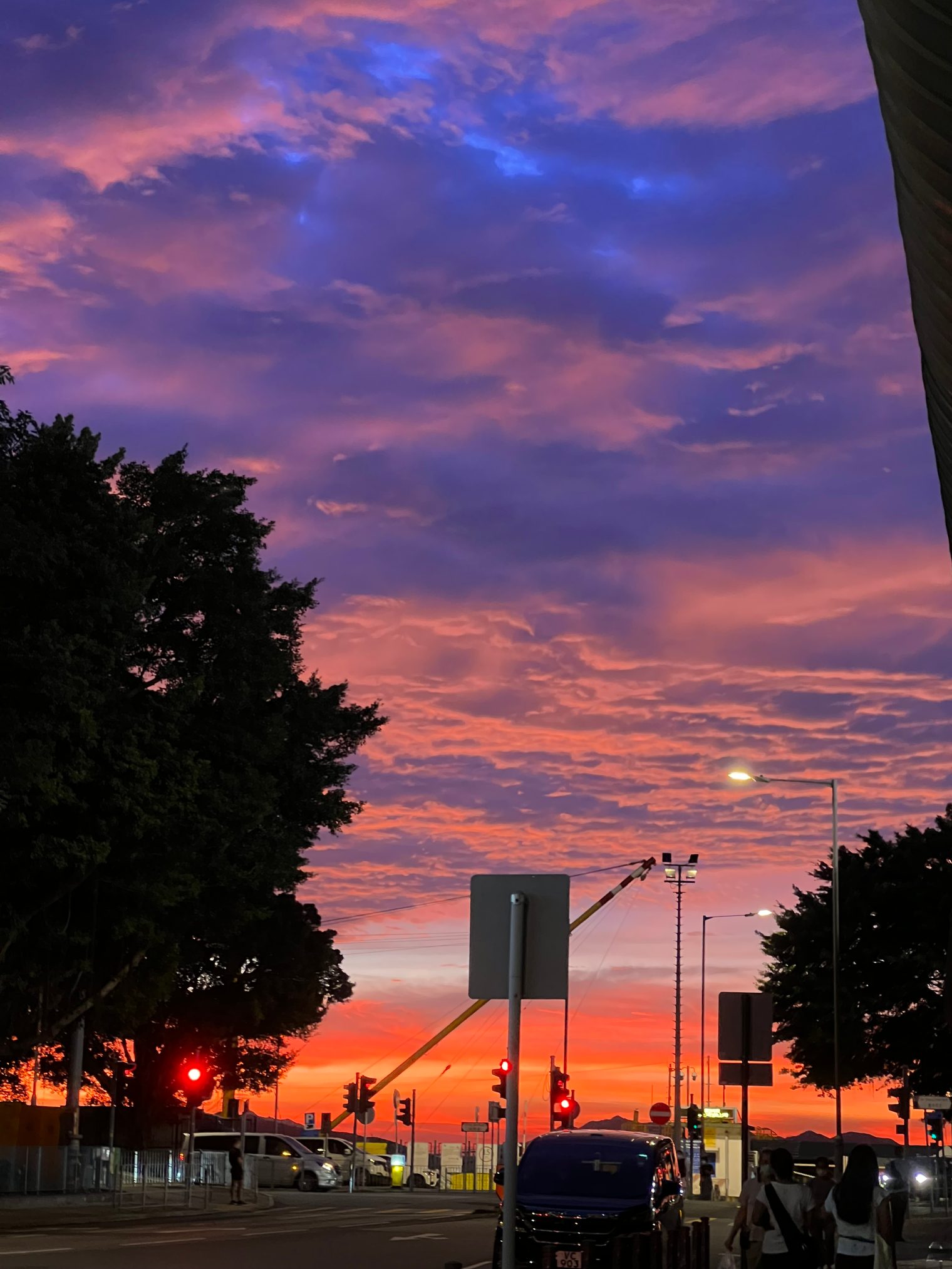 A street corner at dusk, the sky filled with purple and orange-red clouds above silhouetted trees, red traffic lights and street lamps