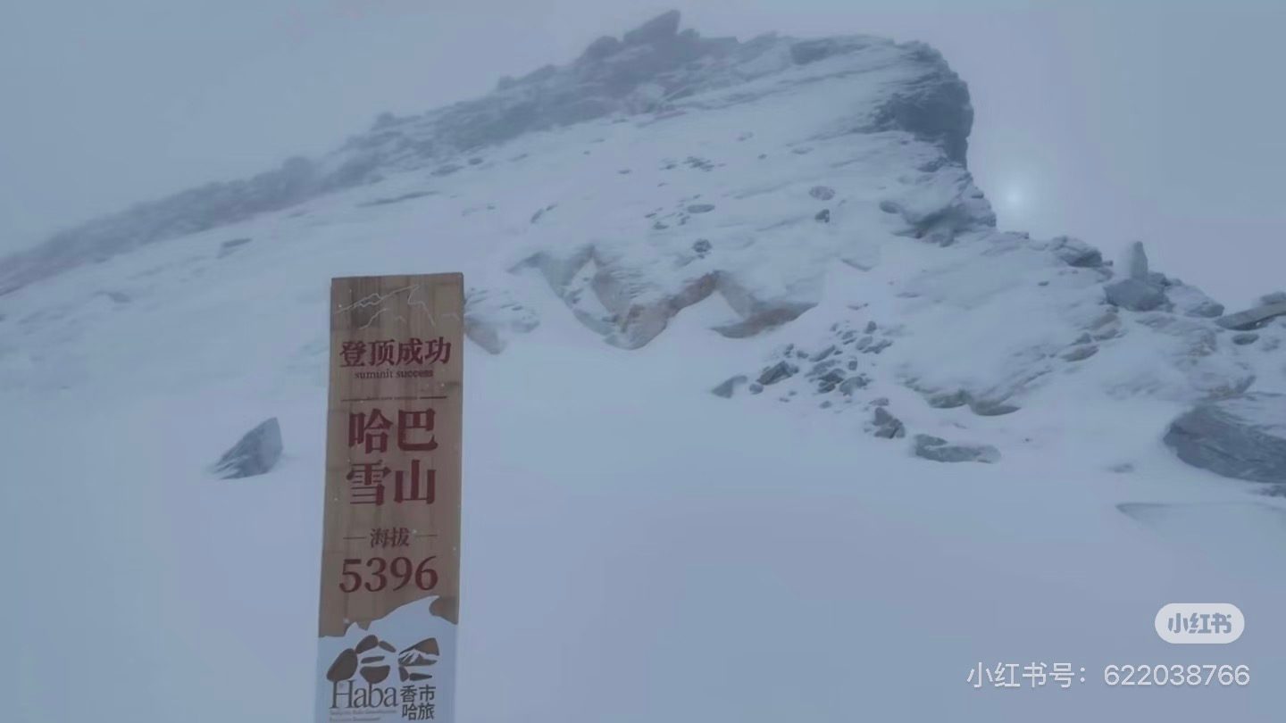 The summit marker in blowing snow, reading Haba Snow Mountain, 5396 m