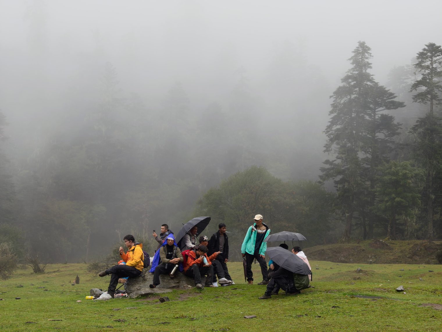 The group resting on a foggy meadow, some sheltering under umbrellas