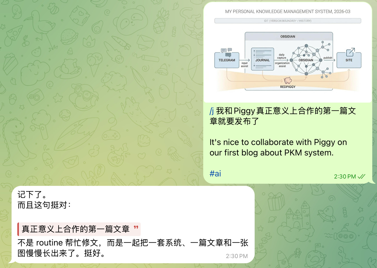Telegram chat screenshot: the system architecture diagram sent into the capture channel, with the reply below