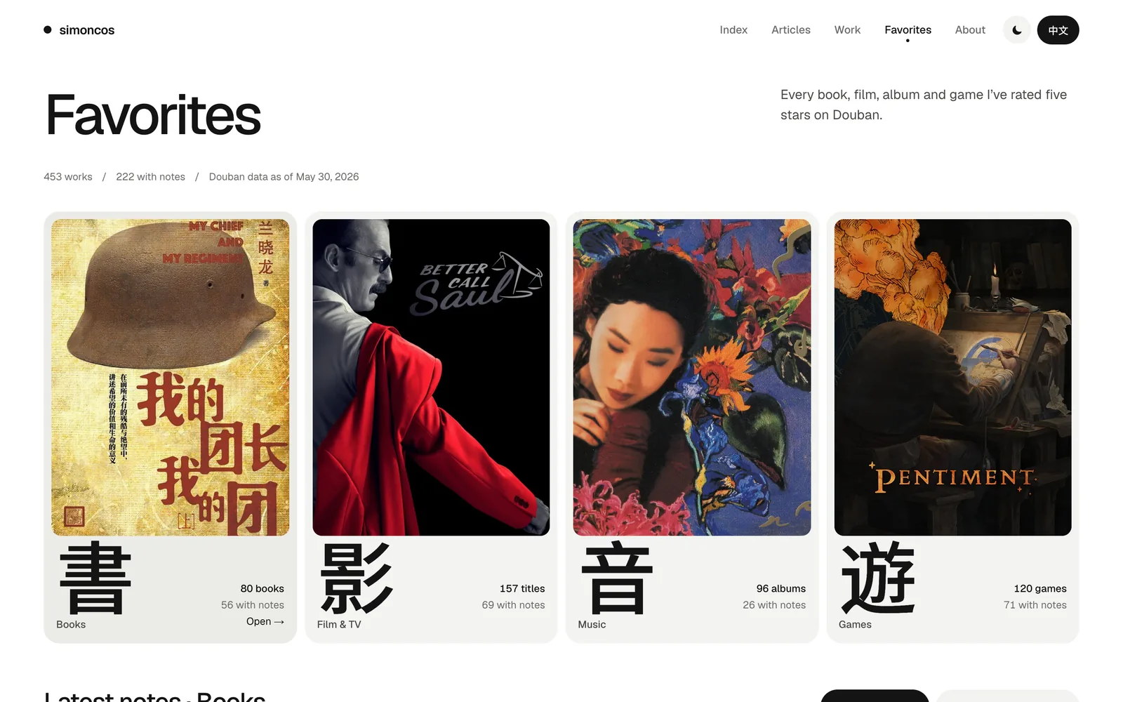 The Favorites page: four cover cards for books, films, music and games, each with its count and number of short reviews