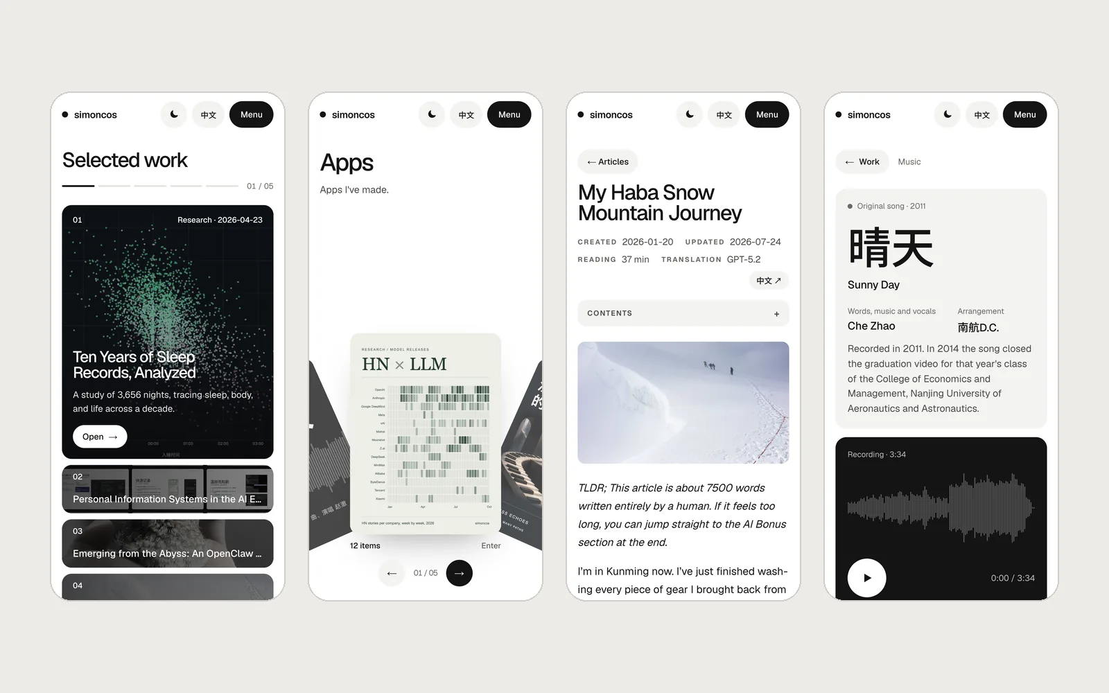 Four pages on a phone: the home page, the Work wheel, an article and Sunny Day