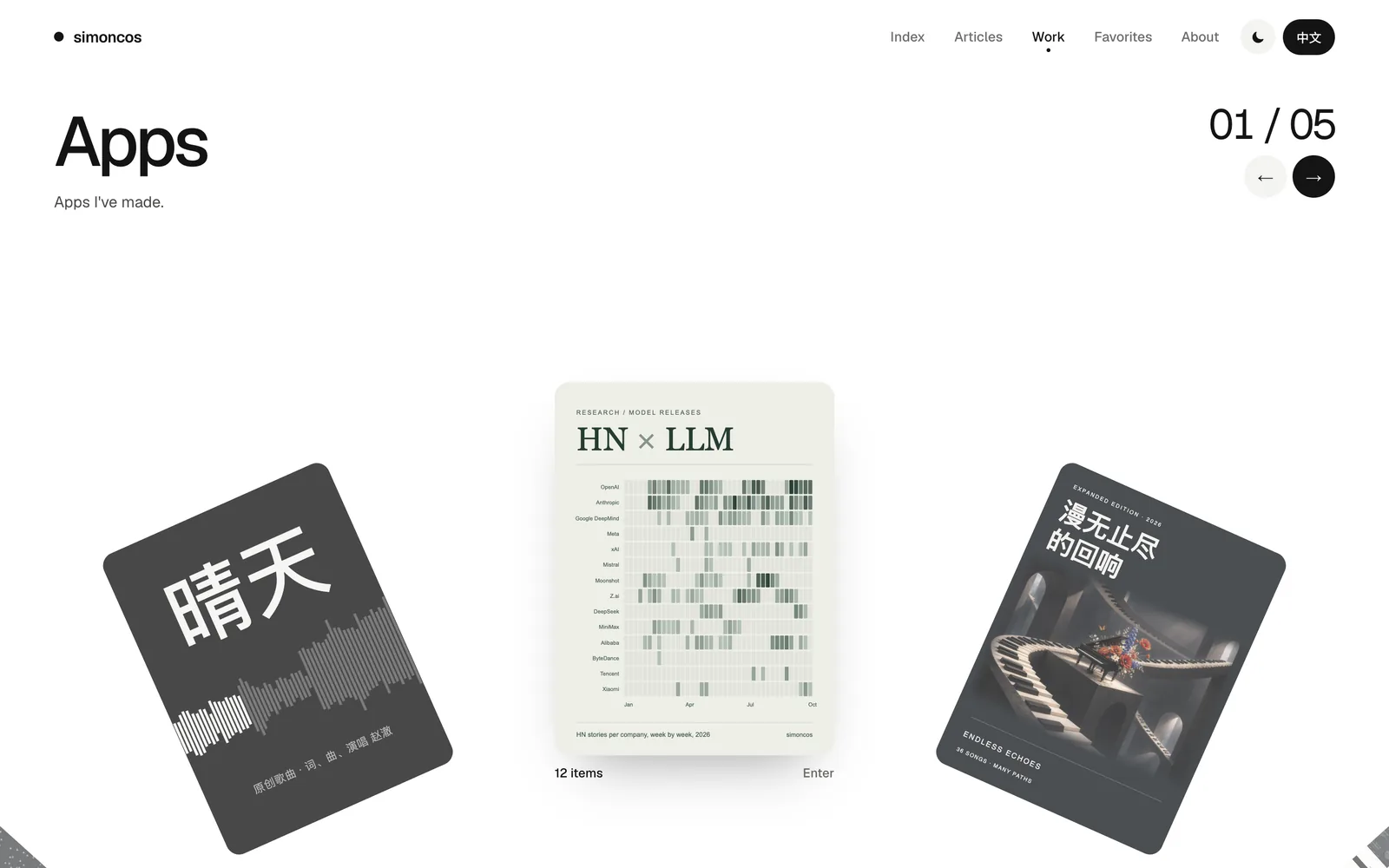 The Work page: covers for each kind of work arranged in a wheel, with Apps in front