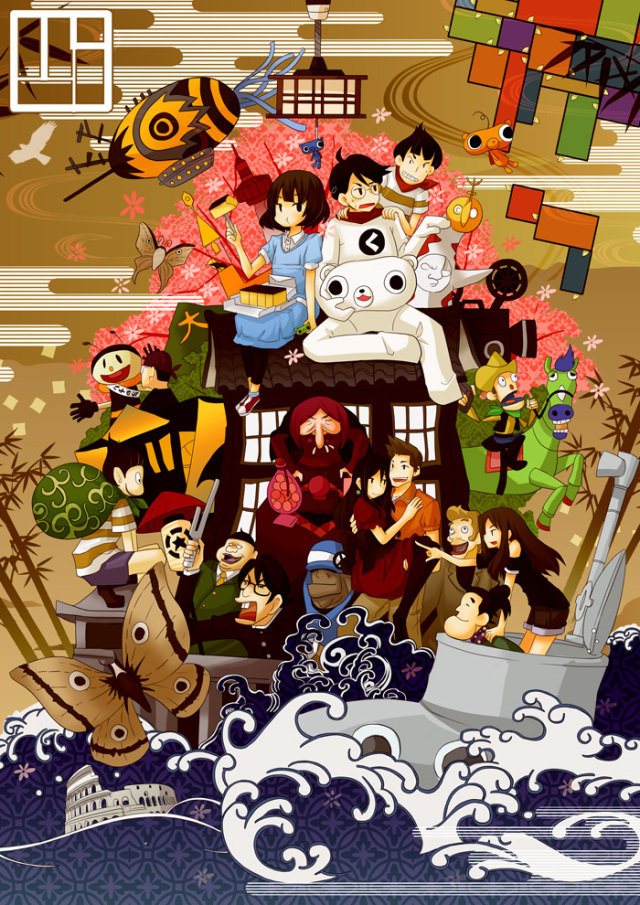 Illustrated poster for The Tatami Galaxy: the main characters, a moth, a teddy bear and the old fortune-teller crowd onto a wooden house above ukiyo-e-style waves